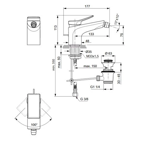 Ideal Standard Robinet Bidet Check Gris Magnétique, Avec Tirette Et Vidage Bonde Métal 4 Ideal Standard Robinet Bidet Check Gris Magnétique, Avec Tirette Et Vidage Bonde Métal – Image 2
