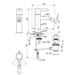 Ideal Standard Robinet Bidet Joy Or Brossé, Avec Tirette Et Vidage Bonde Métal